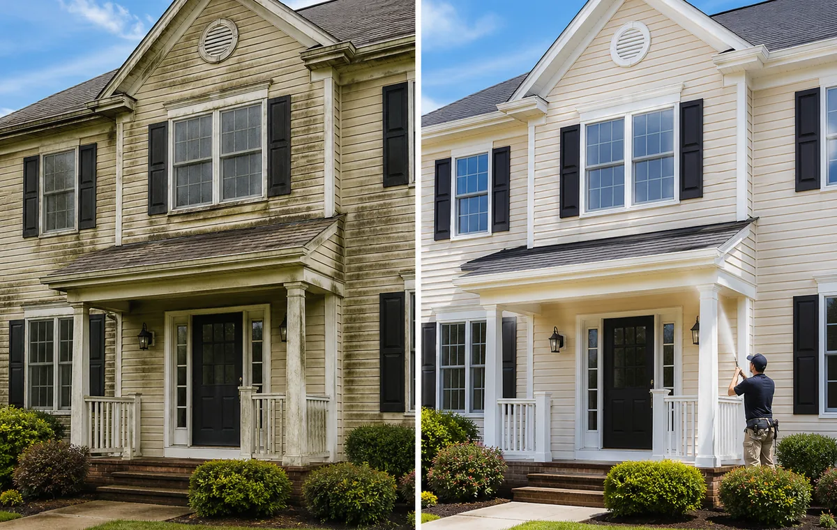 Low pressure soft washing for limestone stucco and delicate exterior surfaces in Buda